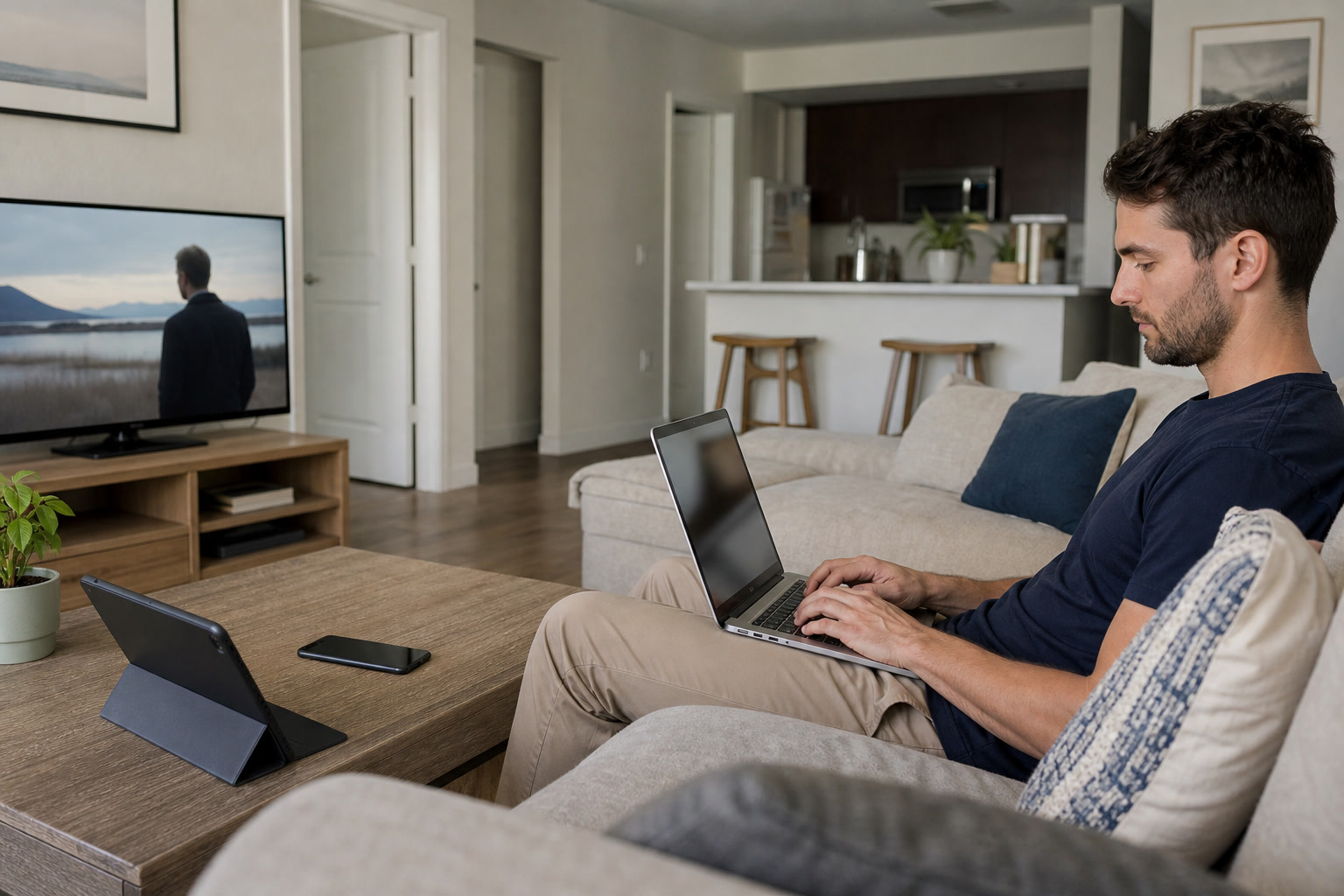Apartment resident using a laptop with multiple connected devices nearby.