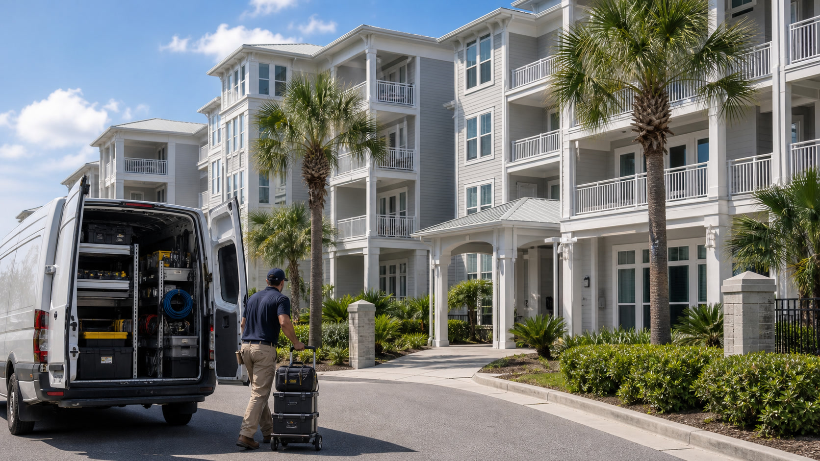 Service vehicle outside a multi-dwelling property in an expanding market.