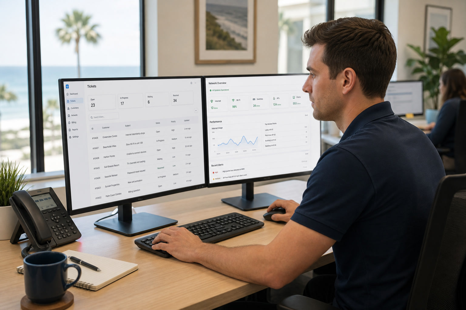 Support specialist monitoring managed network operations.