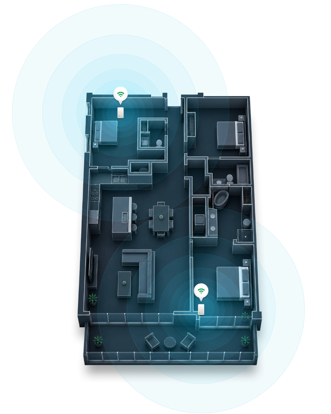 Diagram of the SecureVision managed network connecting four property types to a central hub.