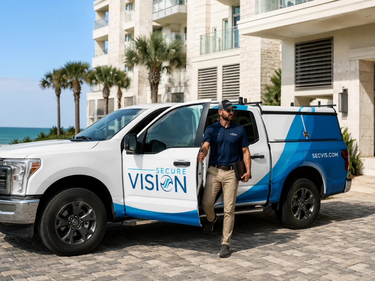 SecureVision technician exiting a branded service vehicle at a Gulf Coast condominium.