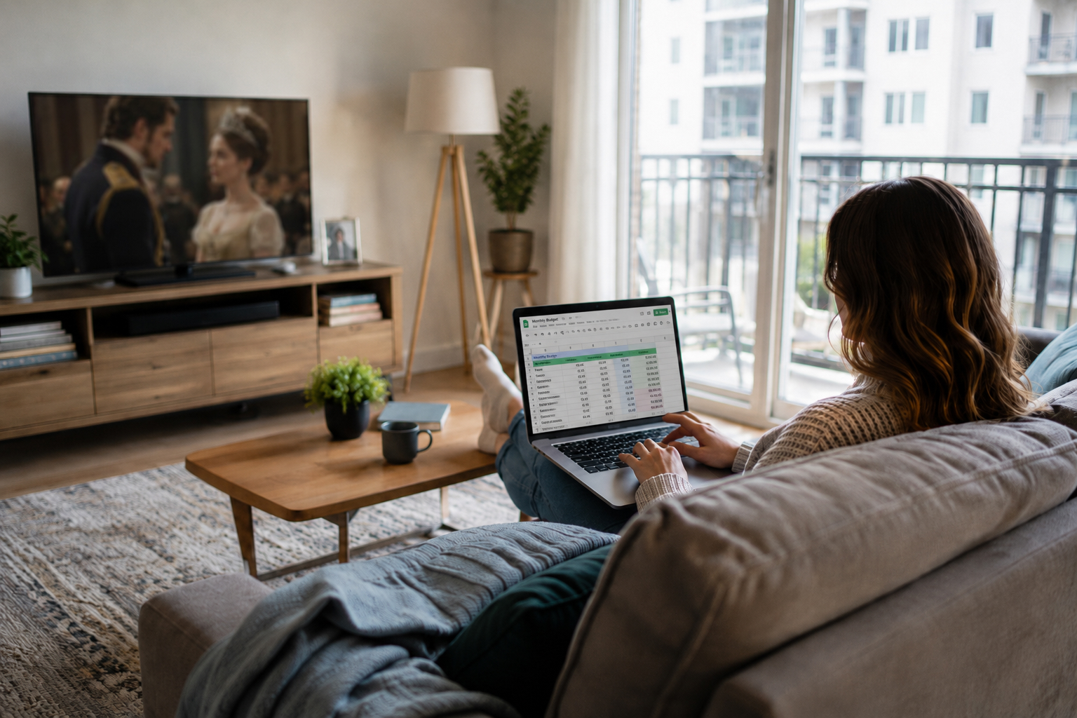 Apartment resident using a laptop at home.