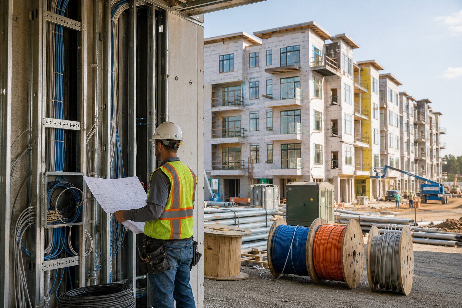 Construction team reviewing plans at a multi-dwelling project.